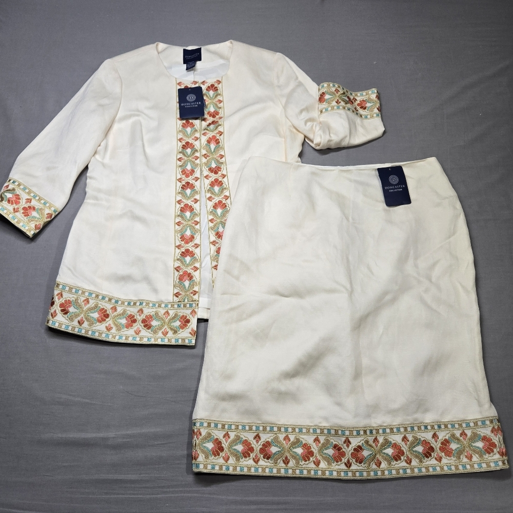 Doncaster Collection Linen Silk Suit Set Colorful Embroidery Tunic Skirt Set